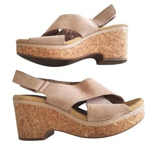 Clarks Suede Cork Wedge Sandals Beige Tan Ultimate Comfort Womens 10